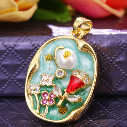 Floral-Painted Dripped-Glaze Universal-Clip Necklace DIY Pendant