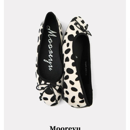 Women Spring Autumn Elevated 3cm Vintage Horsehair Leopard Polka Dot Classic Round Toe Bow Low Cut Pumps