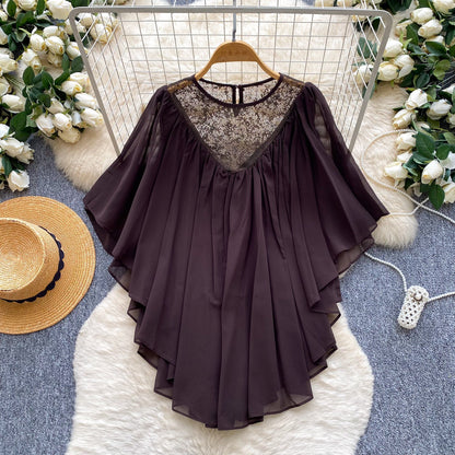 Women's Solid Color French Gentle Lace Chiffon Patchwork Shirt