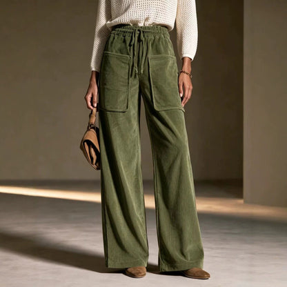 Women's High-waisted Drawstring Corduroy Wide-leg Pants