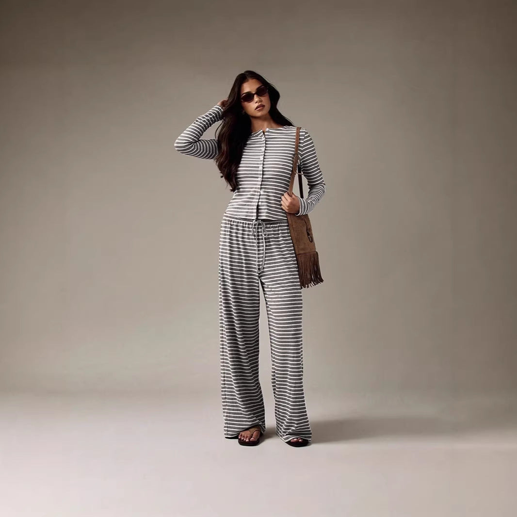 Women's Striped Single-breasted Knit Long-sleeve Pants Set