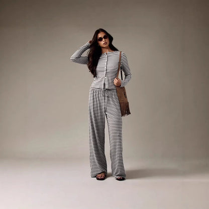 Women's Striped Single-breasted Knit Long-sleeve Pants Set
