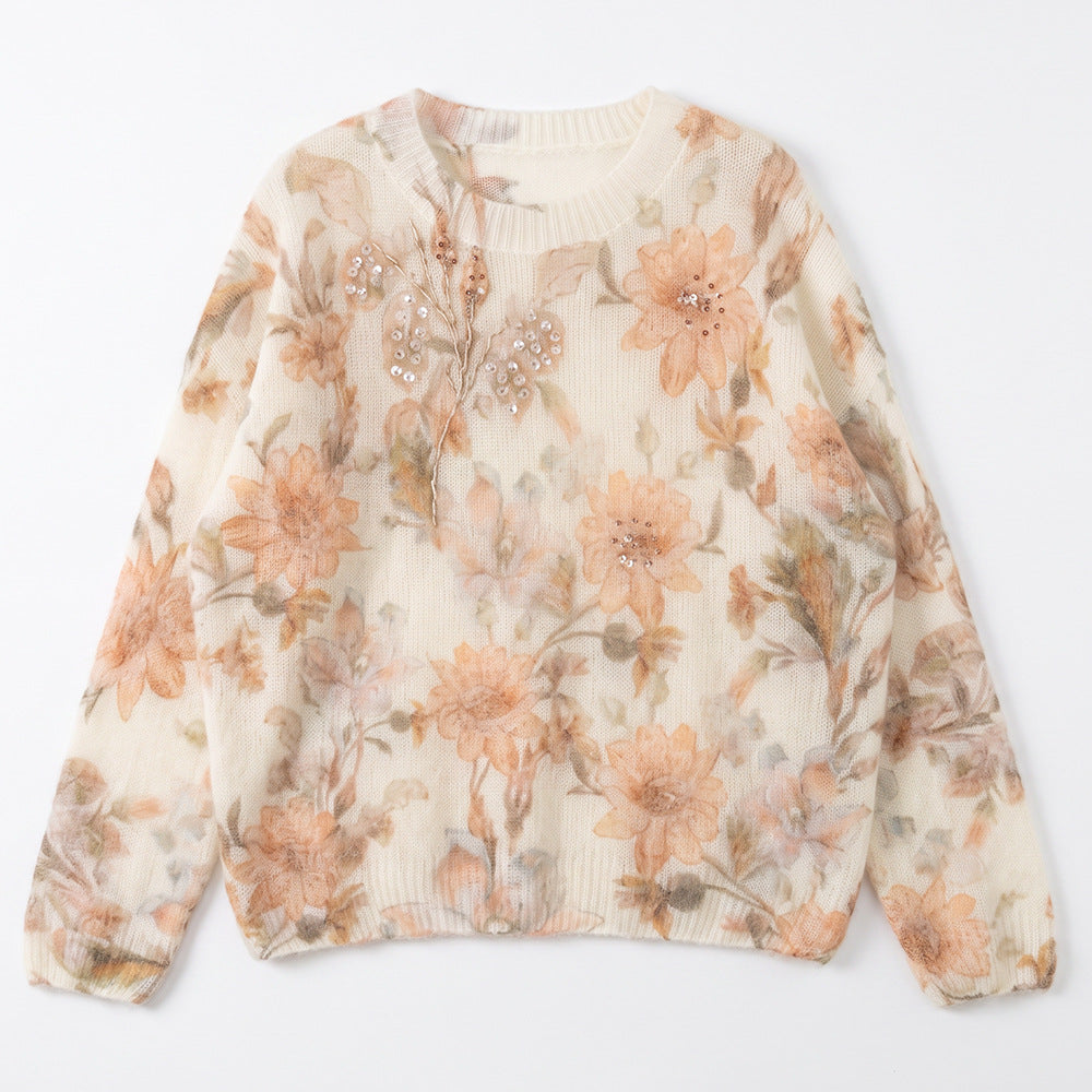 Rhinestone Embellished Floral Mohair-Blend Pullover Sweater