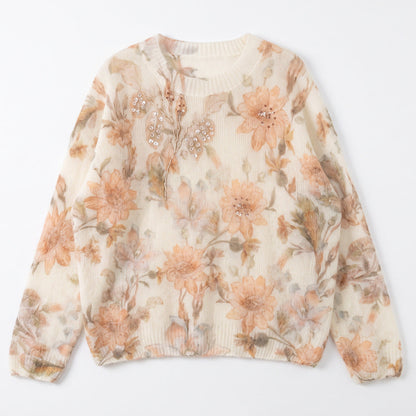 Rhinestone Embellished Floral Mohair-Blend Pullover Sweater