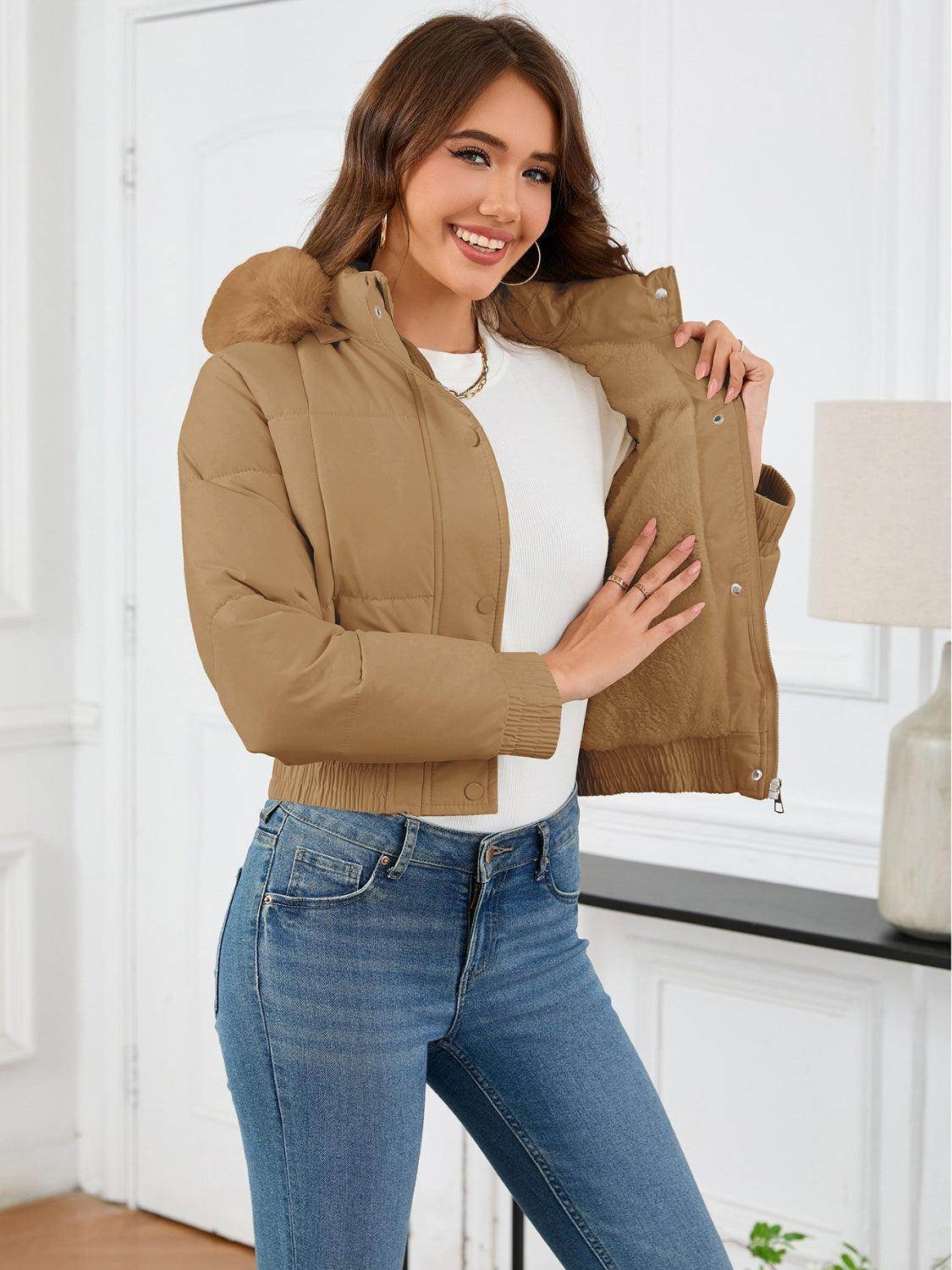 Pocketed Long Sleeve Cropped Hooded Winter Coat for Women