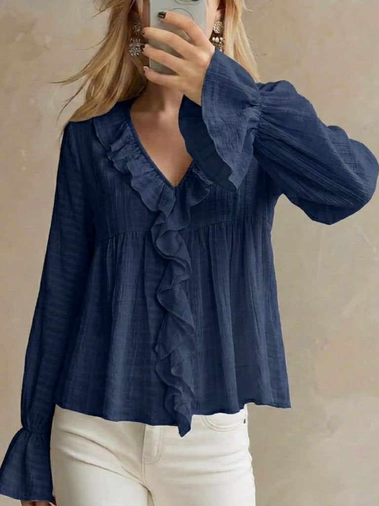 Casual Thin Ruffle Collar Flared Long Sleeve Shirt Top