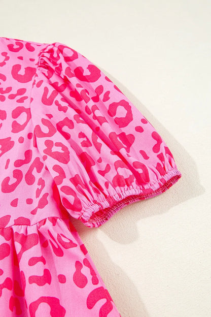 Leopard Tie Front Puff Sleeve Dress