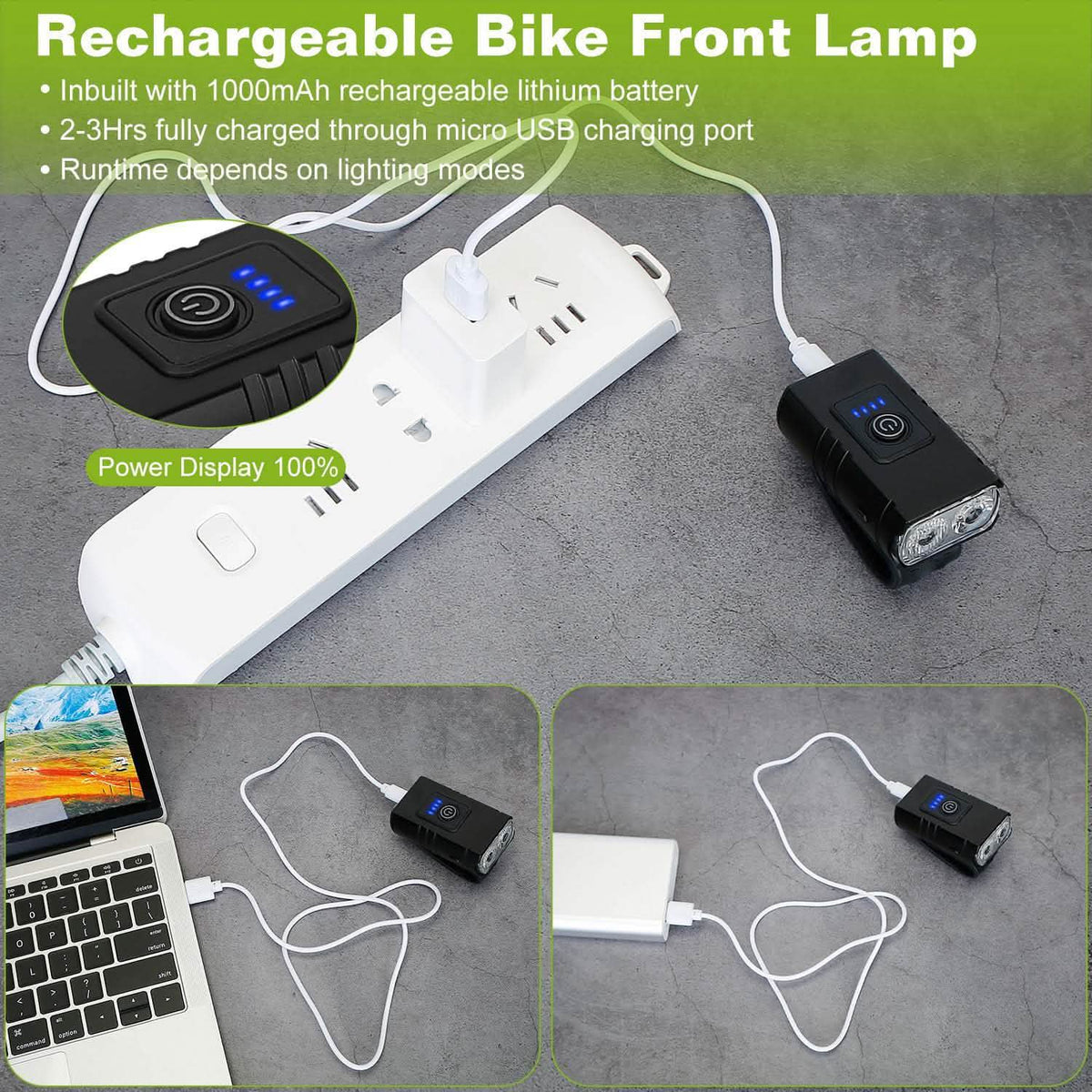 1000LM Bike Front Light Rechargeable Handlebar Head Light with 6 Lighting Modes