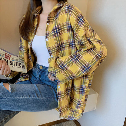 Loose design niche long-sleeved plaid shirt