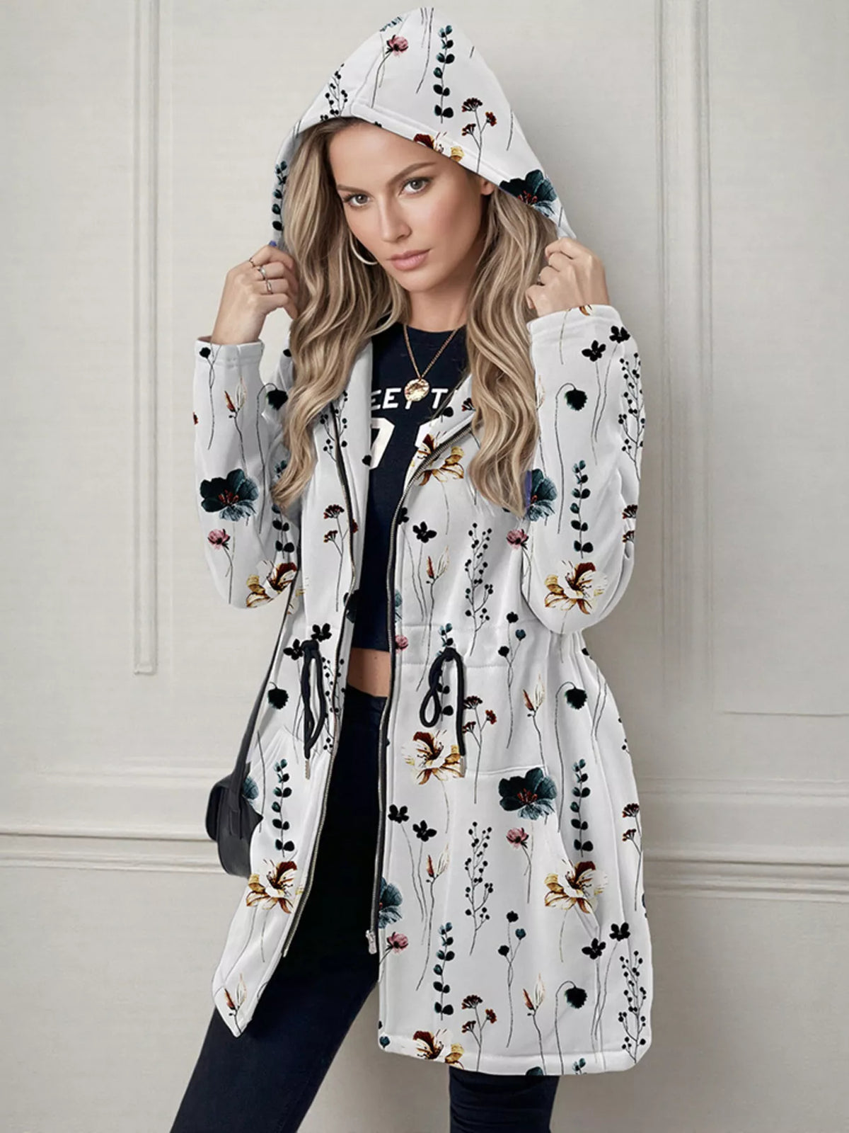 Drawstring Zip Up Hooded Outerwear