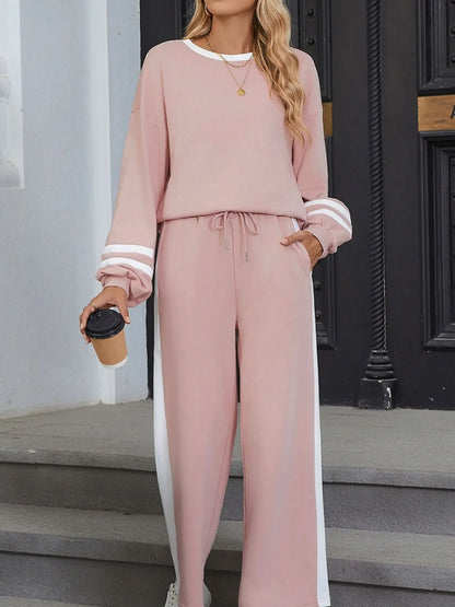 Contrast Trim Round Neck Top and Pants Set