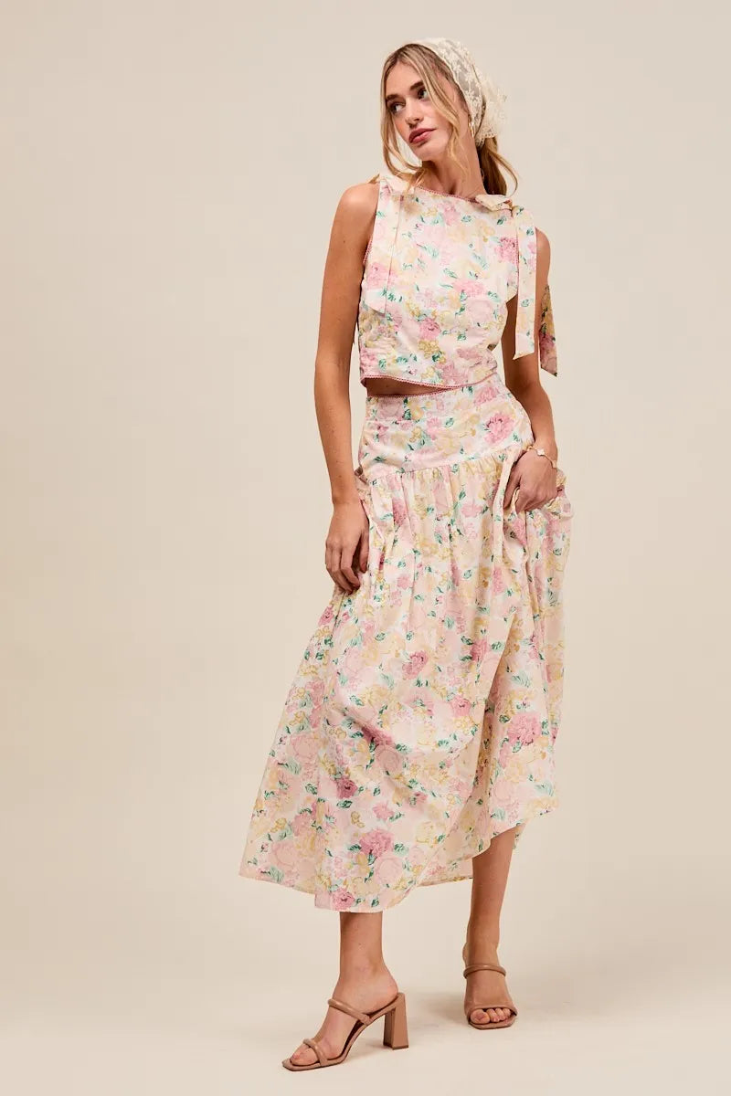 SO ME Floral Printed Woven Shoulder Bow Tie Top and Skirt Set