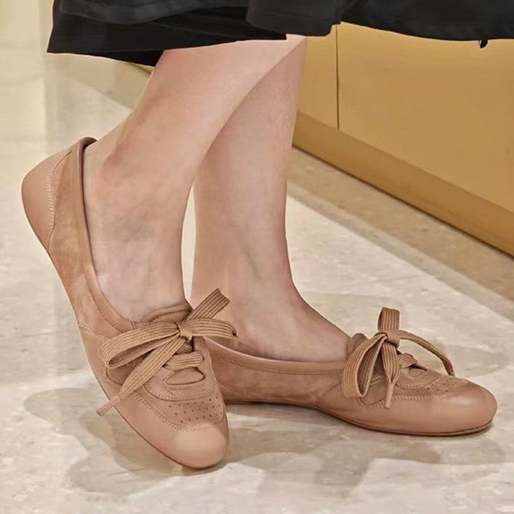 Women Vintage Retro Ribbon Lace-Up Suede Patchwork Ballet Flats, Round Toe Perforated Soft Leather Foldable Comfy Slip On Elegant Casual Daily