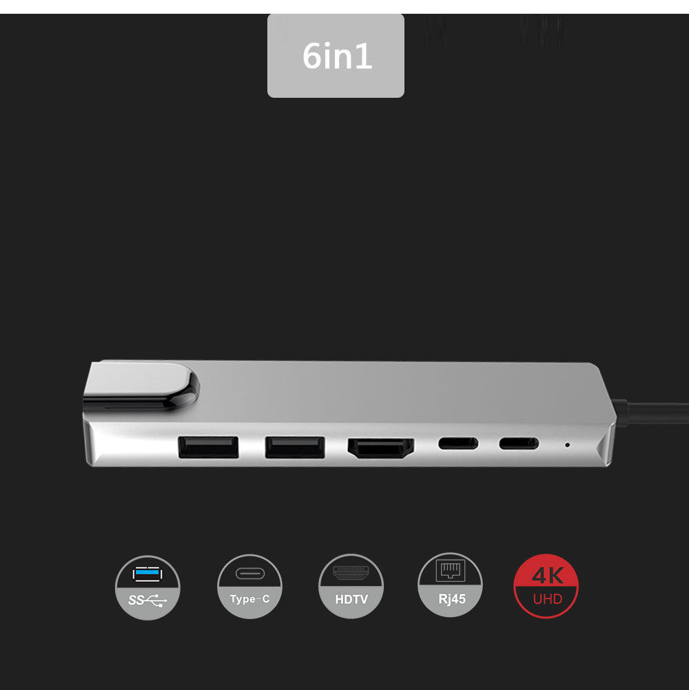 Type C 6-in-1 Hub: HDMI, USB3.0, PD, RJ45 Adapter