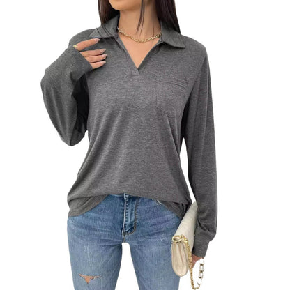 Long-sleeved Simple Solid-color Lapel Collar