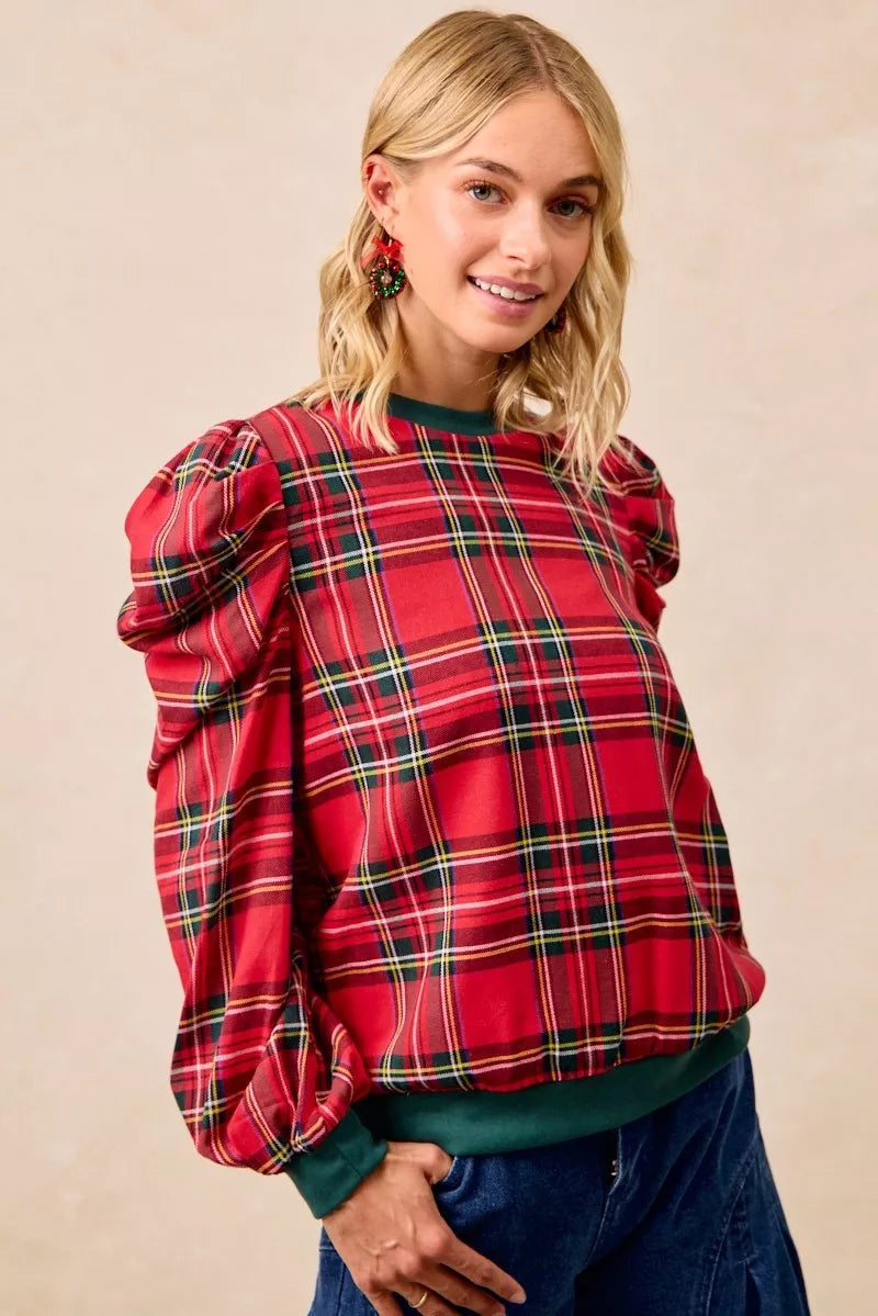 BiBi Christmas Plaid Exaggerated Shoulder Sleeves Top