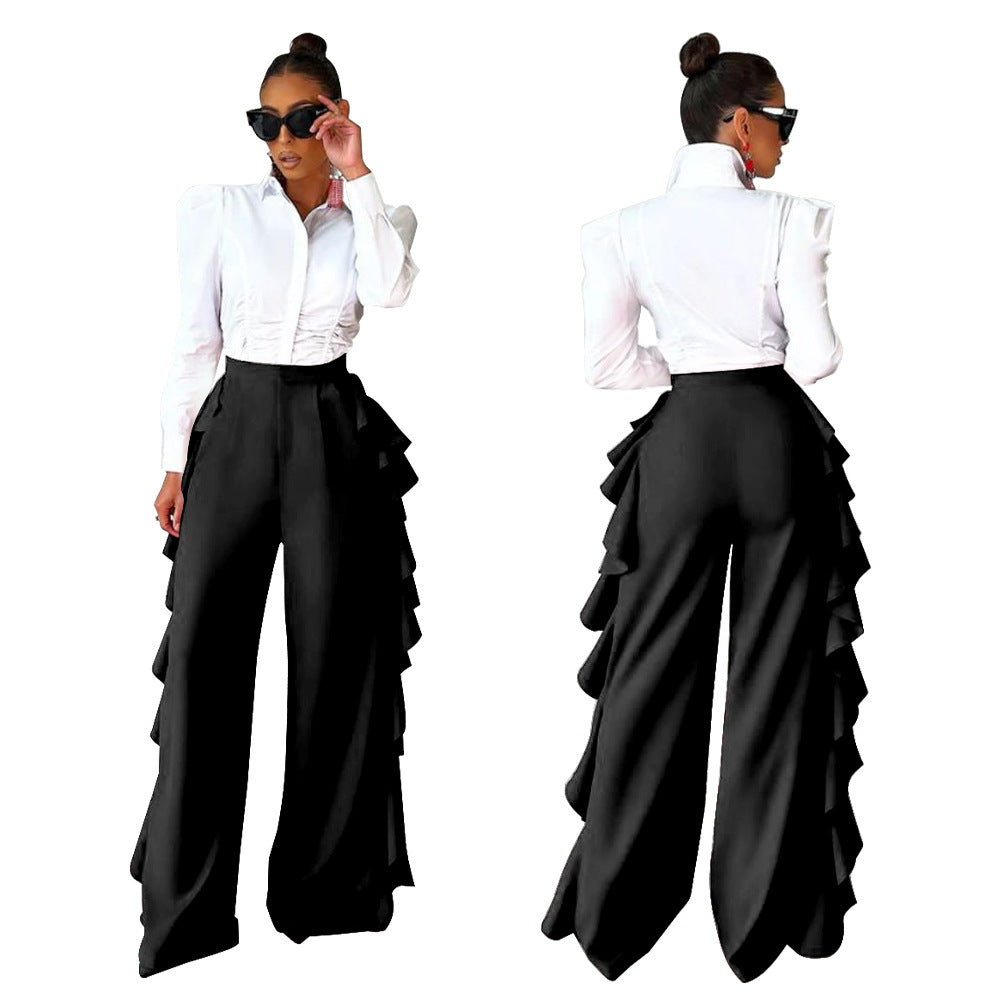 Ruffle Trimmed High-waisted Wide-leg Pants