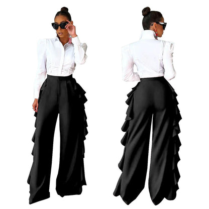 Ruffle Trimmed High-waisted Wide-leg Pants