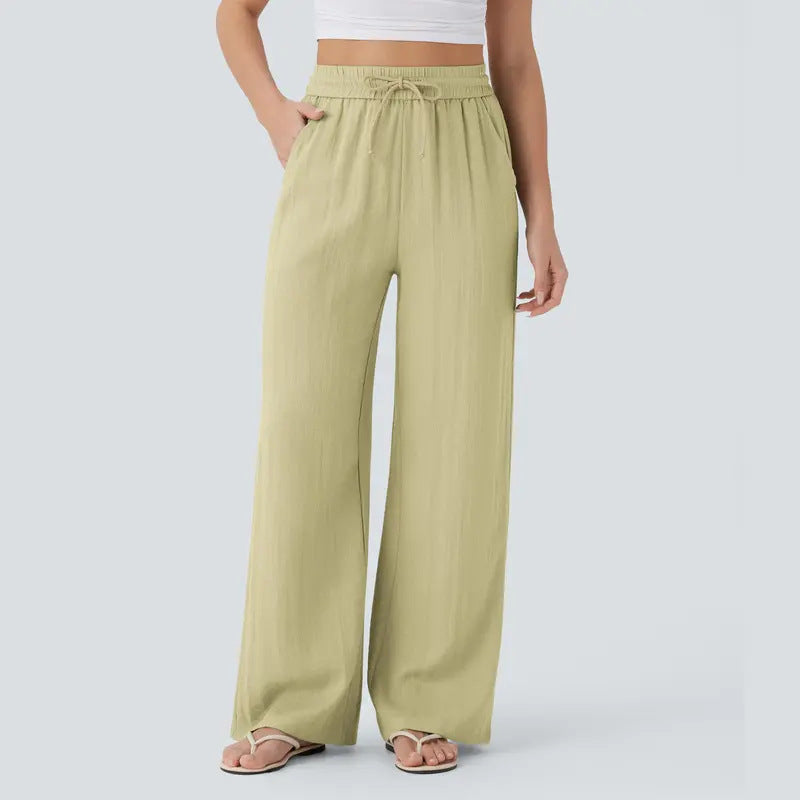 2026 High-Waisted Drawstring Side Pocket Casual Style Linen Flowy Elastic Beach Wide-Leg Pants Women's Cloud Cotton Casual Pants