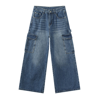 Bleached Wide-leg Multi-pocket Straight-leg Casual Work Pants