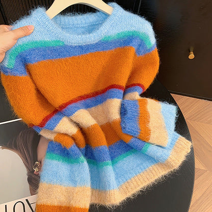Loose And Versatile Dopamine-striped Sweater For Women