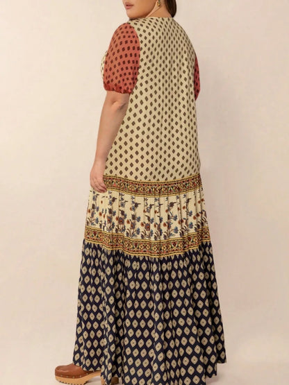 Plus Size Ruched Printed Short Sleeve Midi Dress