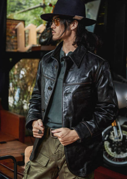 Mens Mid-Length Heavy-Duty Leather Jacket