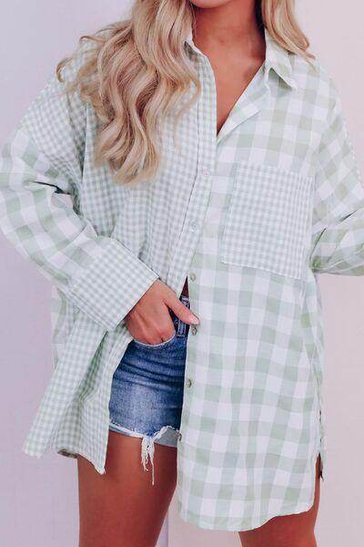 Pocketed Plaid Collared Neck Long Sleeve Shirt for Women