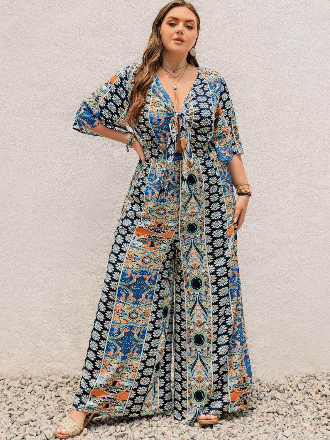 Plus Size Printed Half Sleeve Wide Leg Jumpsuit for Women
