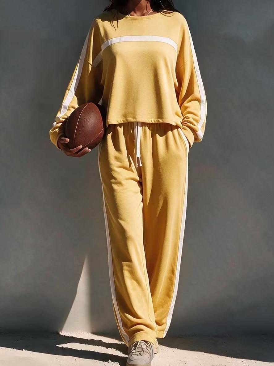 Striped Color-Block Casual Sporty Crew-Neck Sweatsuit Two-Piece Set
