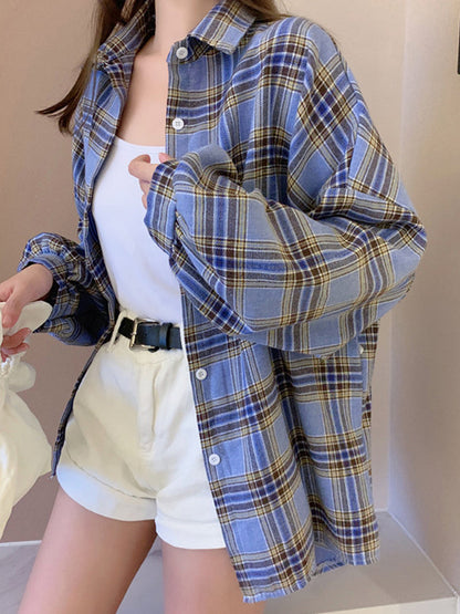 Loose design niche long-sleeved plaid shirt