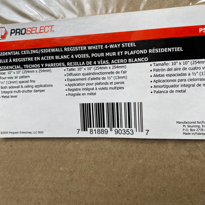 PROSELECT Wall/Ceiling Register W/ Mounting Holes 10"x10" White PS4WW1010100