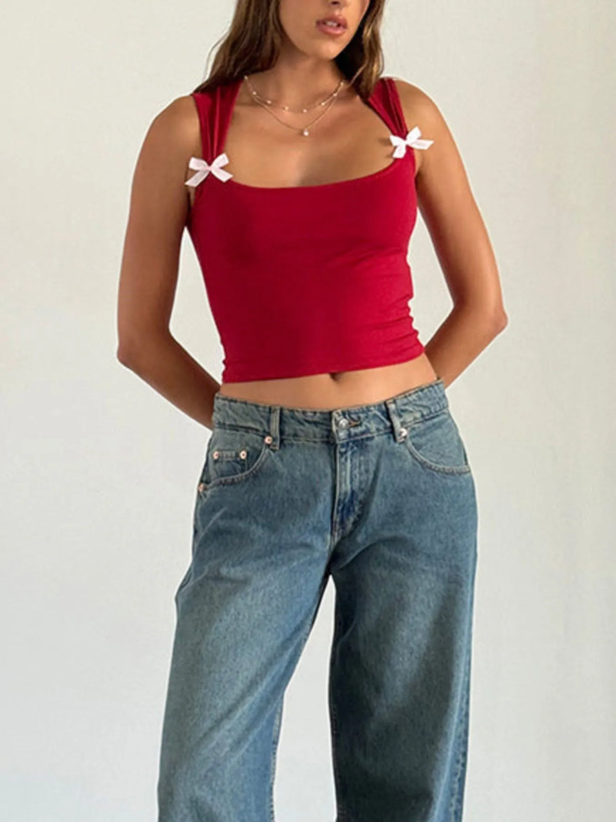 Bow Detail Square Neck Cropped Tank