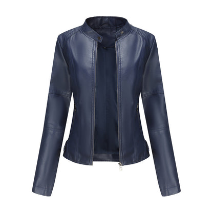 Women's Zip-up Leather Jackets Fashion Solid Color Pockets Stand Collar Top Outwear Clothing