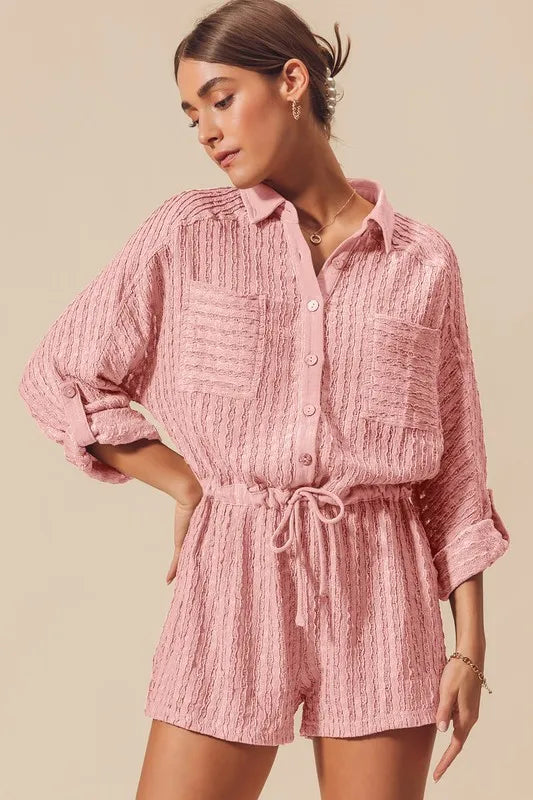 SO ME Textured Knit Button Front Romper