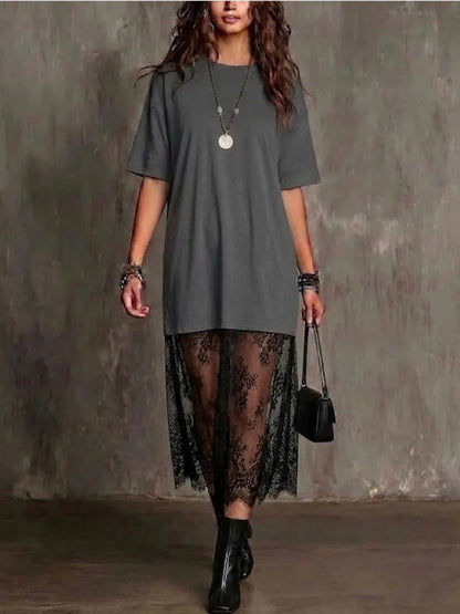 Womens Solid-Color Lace-Patchwork Short-Sleeve Dress