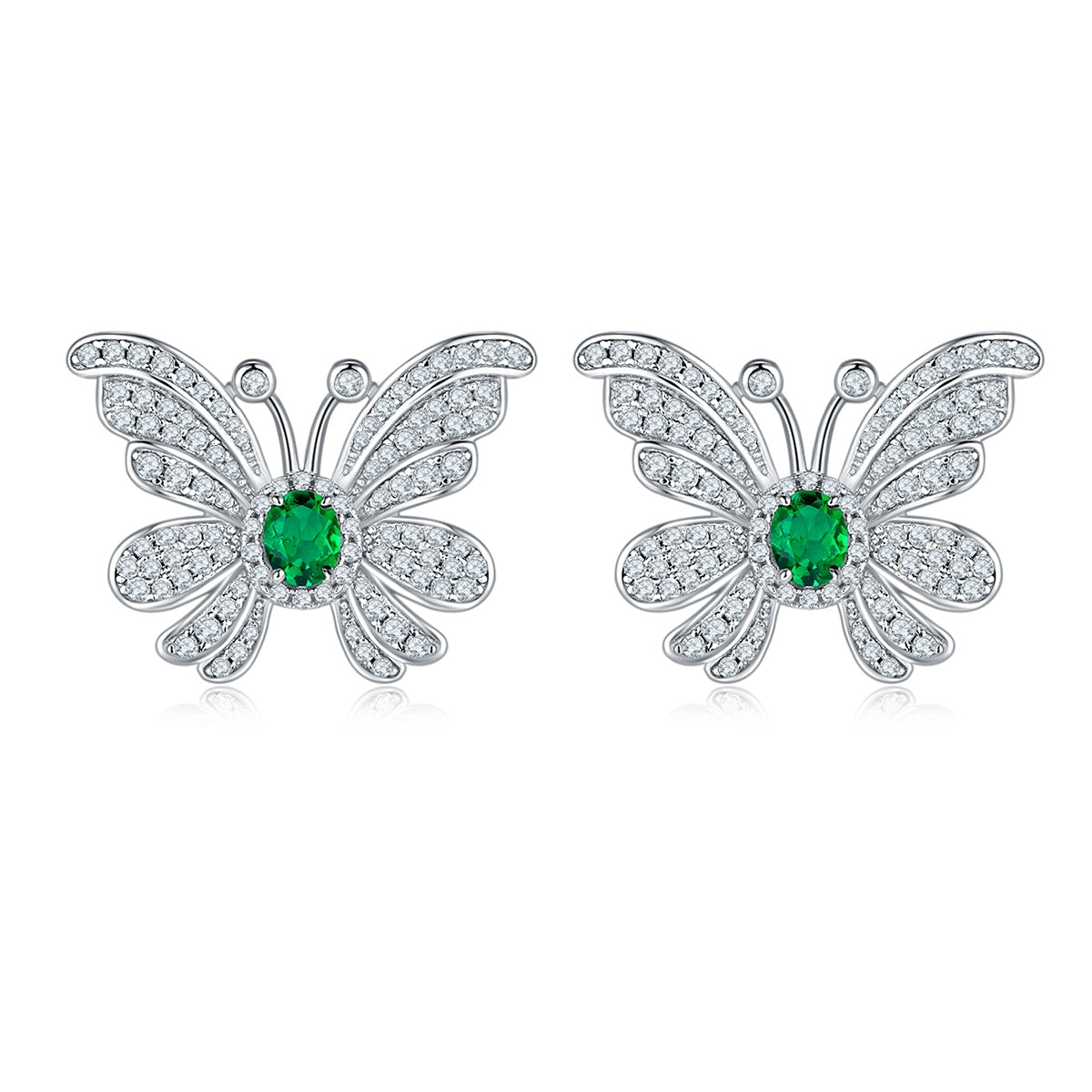 S925 Silver 6.6g Platinum Plated Butterfly Earrings, 0.39ct Lab-Created Emerald, Pair