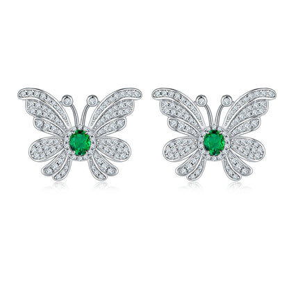 S925 Silver 6.6g Platinum Plated Butterfly Earrings, 0.39ct Lab-Created Emerald, Pair