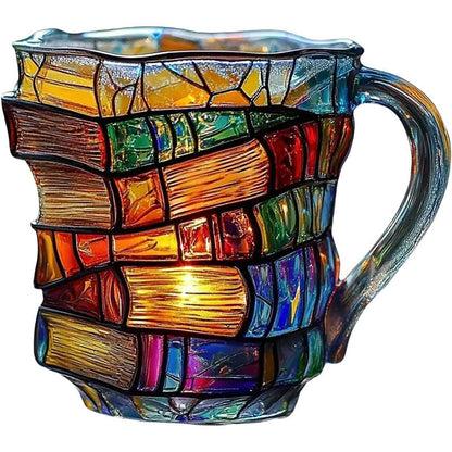 Painted Book Mug: 11oz, 3D painted books design, colorful resin, unique coffee cup, ideal for collection/gifts.
