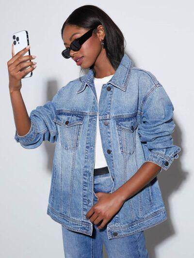 Button Up Collared Neck Denim Jacket for Women Fashion