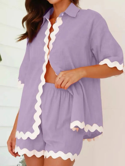 Contrast Trim Collared Neck Top and Shorts Set High Endd