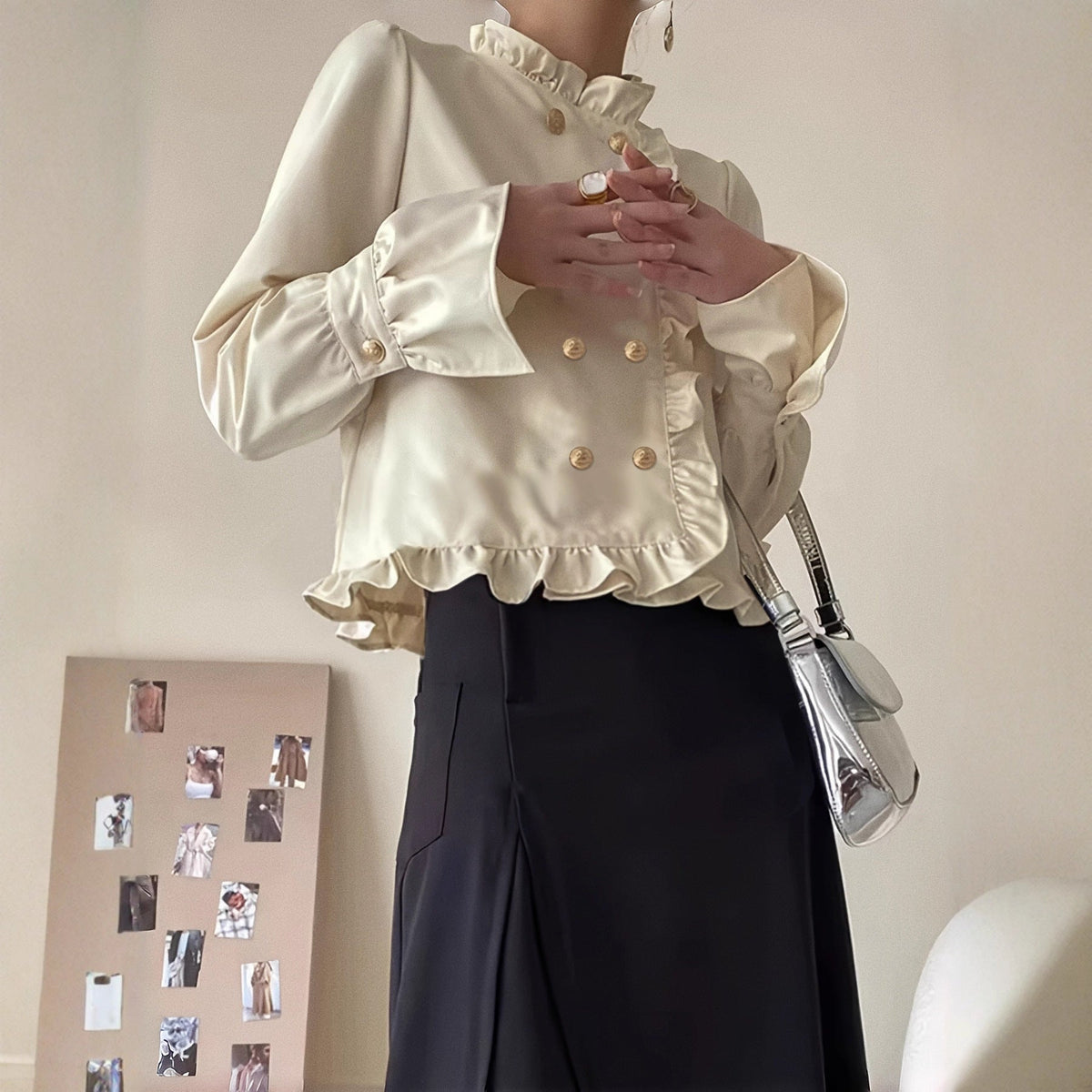 Long-sleeve Double-breasted Loose-fitting Versatile Top With Ruffled Hem