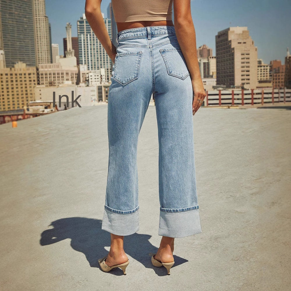 Straight leg jeans women's retro rolled edge high waisted pants