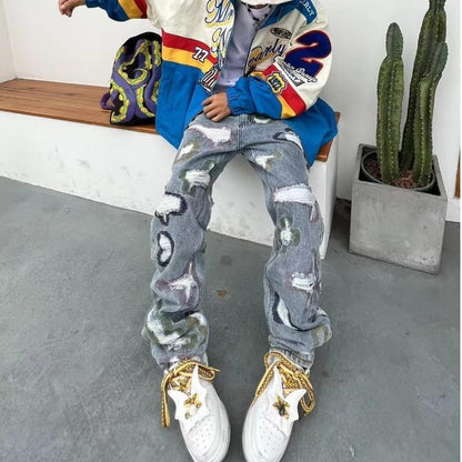 American-style Heavy-duty Distressed Patchwork Jeans