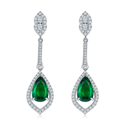 S925 Silver 5.6g Lab-Created Emerald Drop Earrings, 3.4ct 11x7mm Pair
