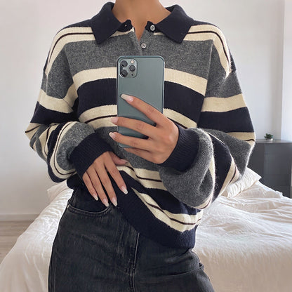 Loose-fitting Striped Color-block V-neck Half-zip Knit Sweater