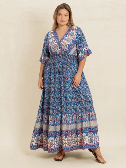 Plus Size Printed Surplice Half Sleeve Dress