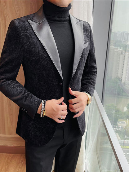 Jacquard Velvet Leather Lapel Men's Blazer