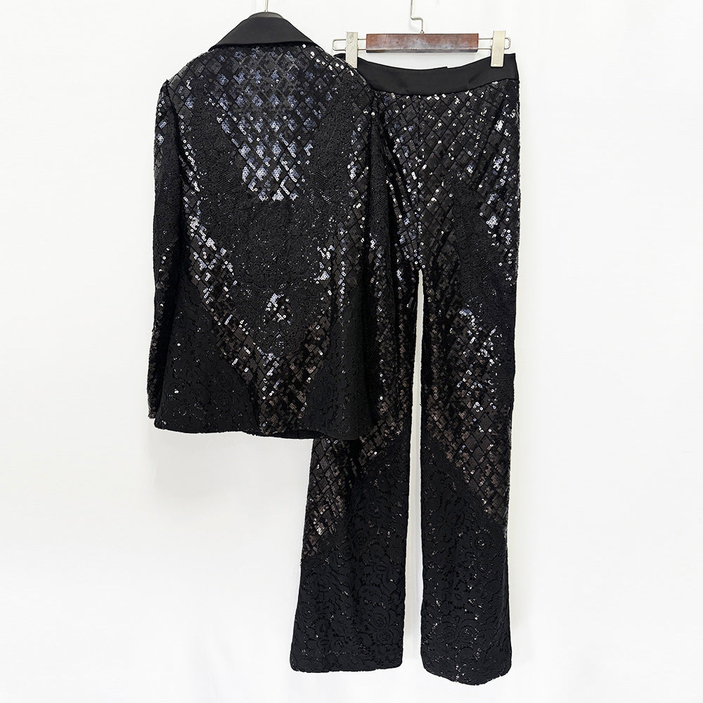 Sparkling Sequin Lace Blazer & Wide-Leg Pants Suit Set