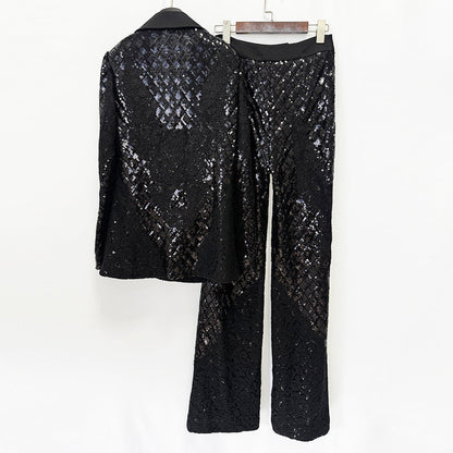 Sparkling Sequin Lace Blazer & Wide-Leg Pants Suit Set